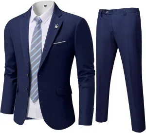 YND Men's Slim Fit 2 Piece Suit, 2 Button Notch Lapel Solid Jacket Pants Set with Tie, Party Wedding Dress Blazer Tux