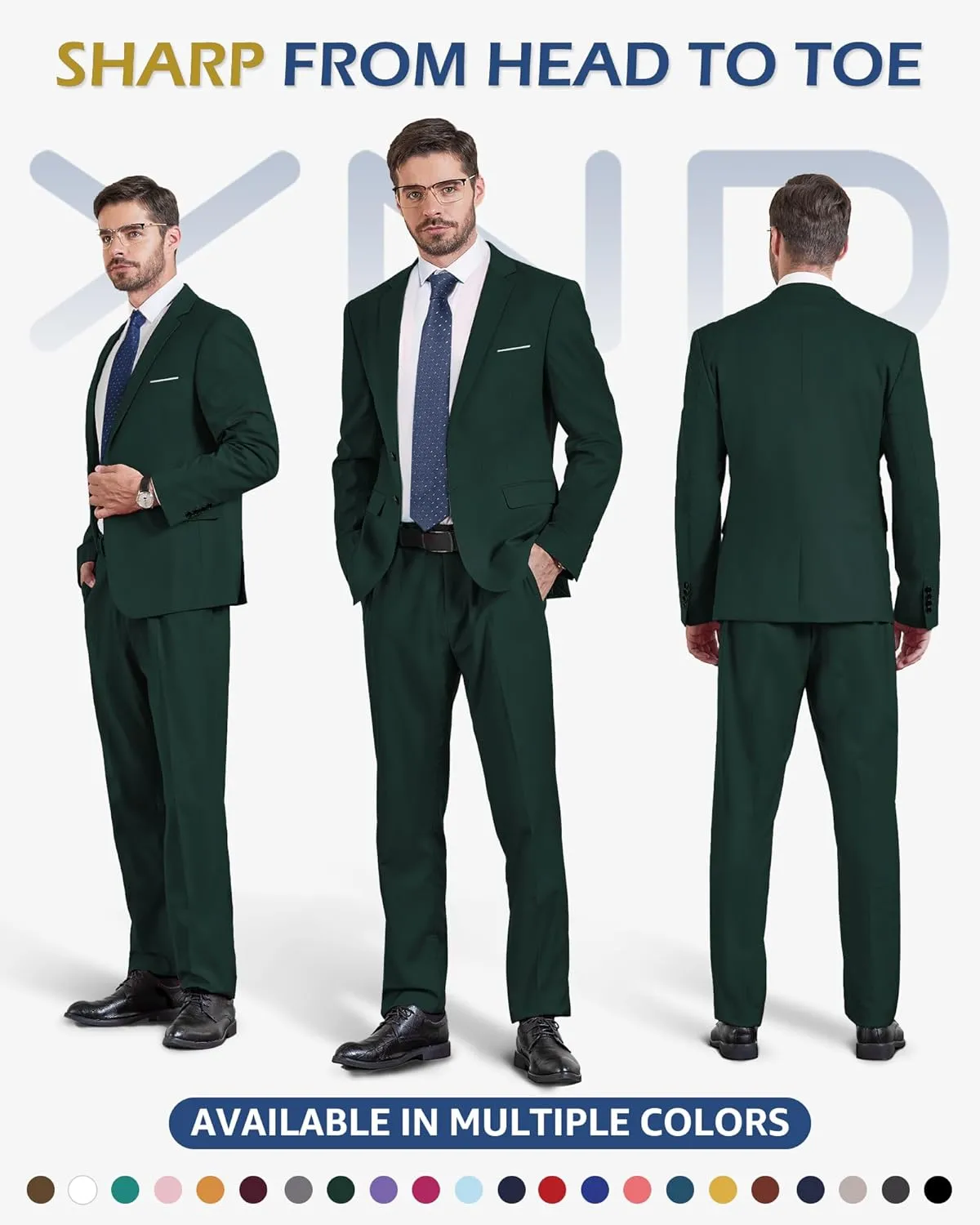 YND Men's Slim Fit 2 Piece Suit, 2 Button Notch Lapel Solid Jacket Pants Set with Tie, Party Wedding Dress Blazer Tux