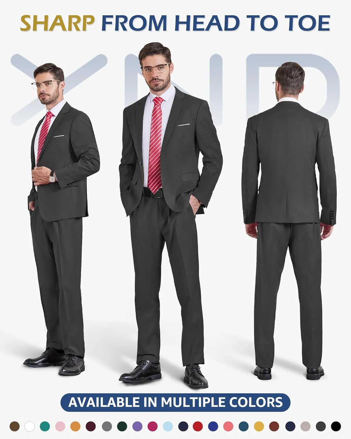 YND Men's Slim Fit 2 Piece Suit, One Button Solid Jacket Pants Set with Tie