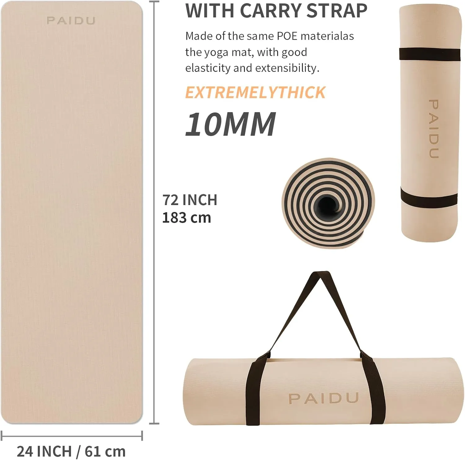 Yoga Mat Non Slip Anti-tear,extra thick High Resiliency Professional POE Yoga Mats for Women Men Kids,70"x24"x10mm,Workout, Yoga, Pilates and Floor Exercise, with Carrier Strap
