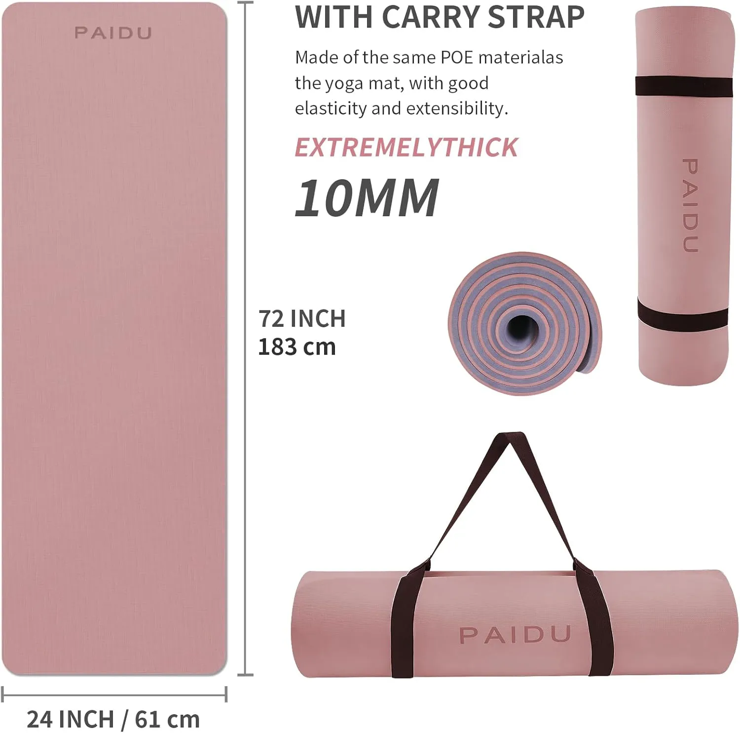 Yoga Mat Non Slip Anti-tear,extra thick High Resiliency Professional POE Yoga Mats for Women Men Kids,70"x24"x10mm,Workout, Yoga, Pilates and Floor Exercise, with Carrier Strap