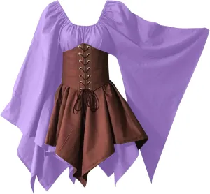 YRAETENM Victorian Dress for Women Butterfly Sleeve Irregular Hem Corset Dresses Renaissance Medieval Elf Fairy Costume