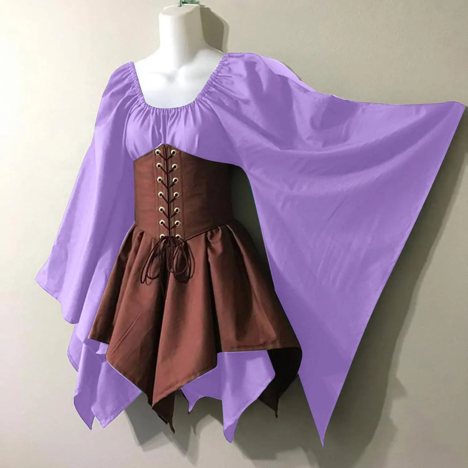 YRAETENM Victorian Dress for Women Butterfly Sleeve Irregular Hem Corset Dresses Renaissance Medieval Elf Fairy Costume