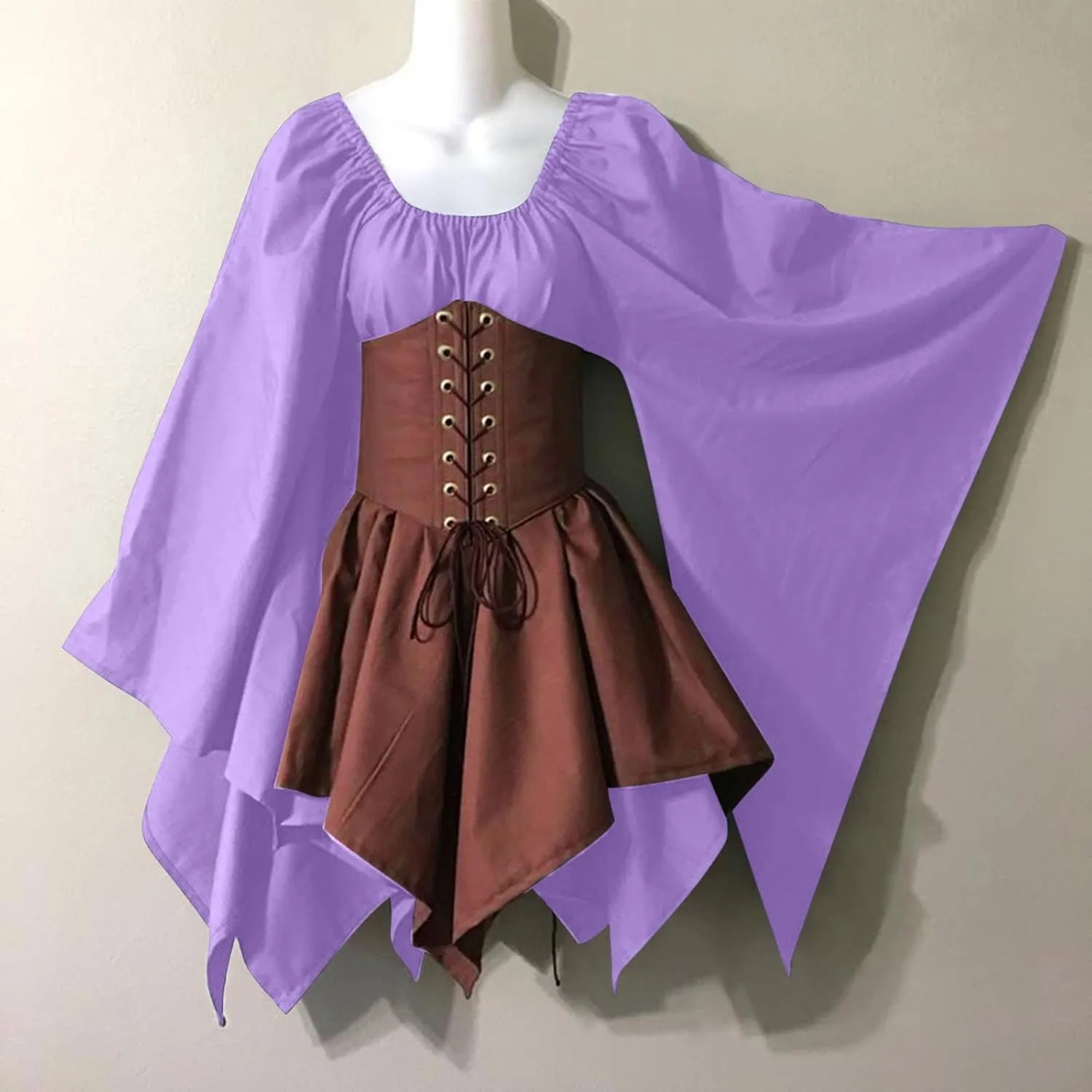 YRAETENM Victorian Dress for Women Butterfly Sleeve Irregular Hem Corset Dresses Renaissance Medieval Elf Fairy Costume