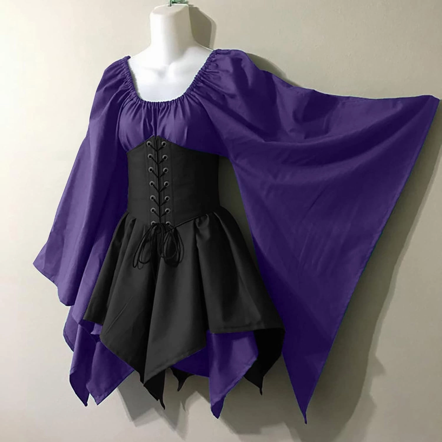 YRAETENM Victorian Dress for Women Butterfly Sleeve Irregular Hem Corset Dresses Renaissance Medieval Elf Fairy Costume