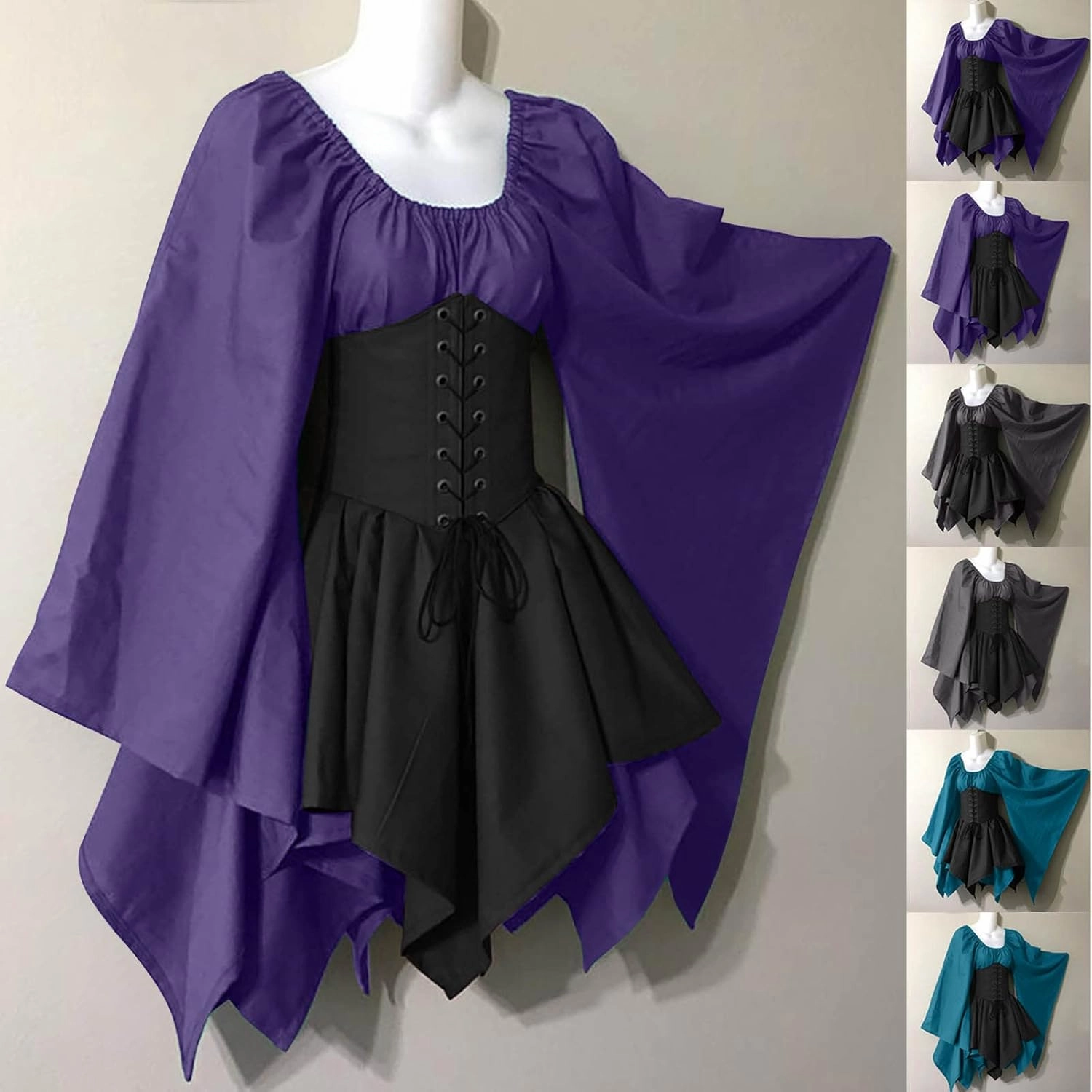 YRAETENM Victorian Dress for Women Butterfly Sleeve Irregular Hem Corset Dresses Renaissance Medieval Elf Fairy Costume