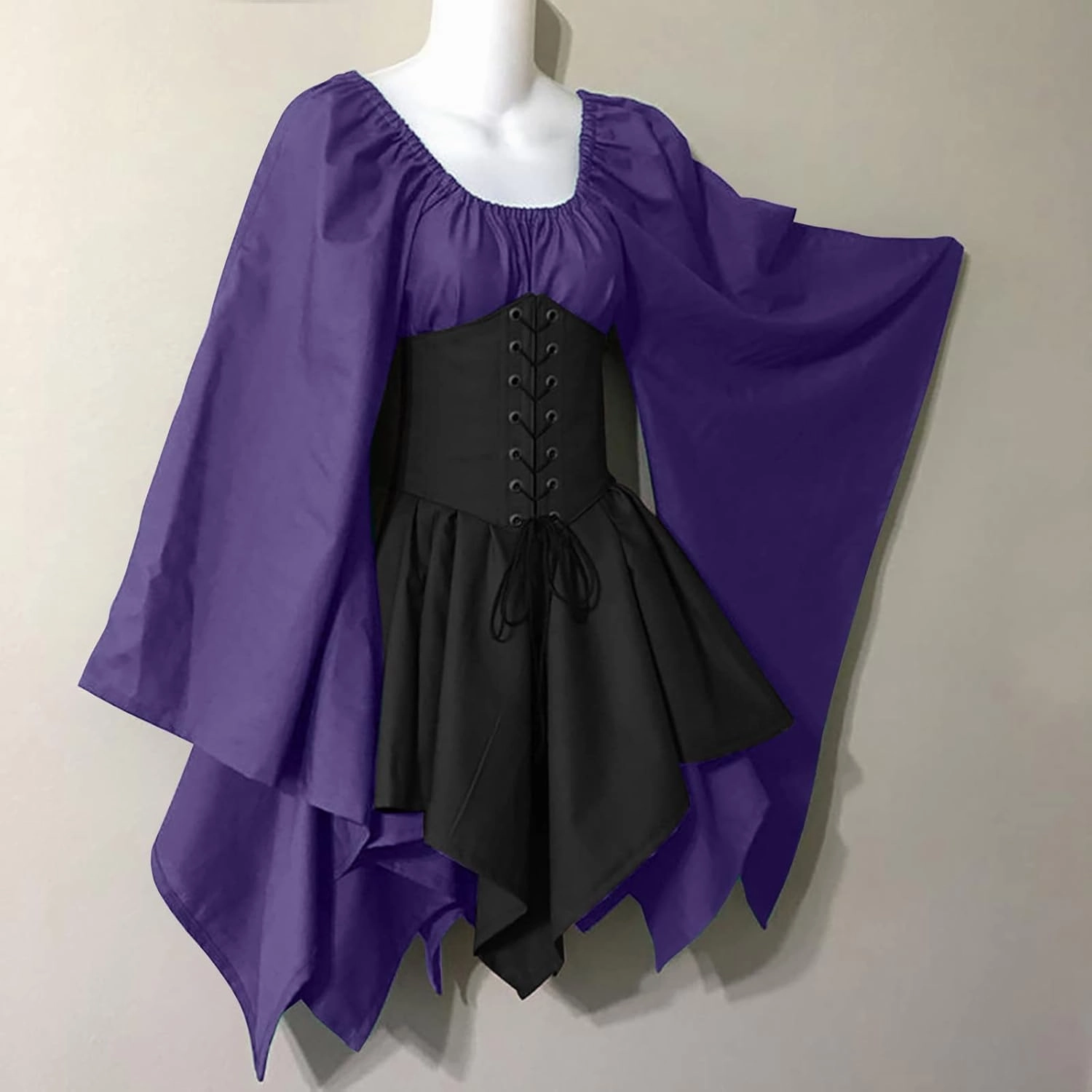 YRAETENM Victorian Dress for Women Butterfly Sleeve Irregular Hem Corset Dresses Renaissance Medieval Elf Fairy Costume