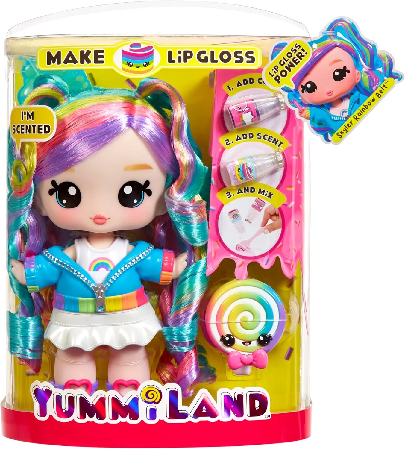 Yummiland Large Doll   Lip Gloss Pet - Skyler Rainbow Belt, with DIY Lip Gloss Kit, Ages 4 