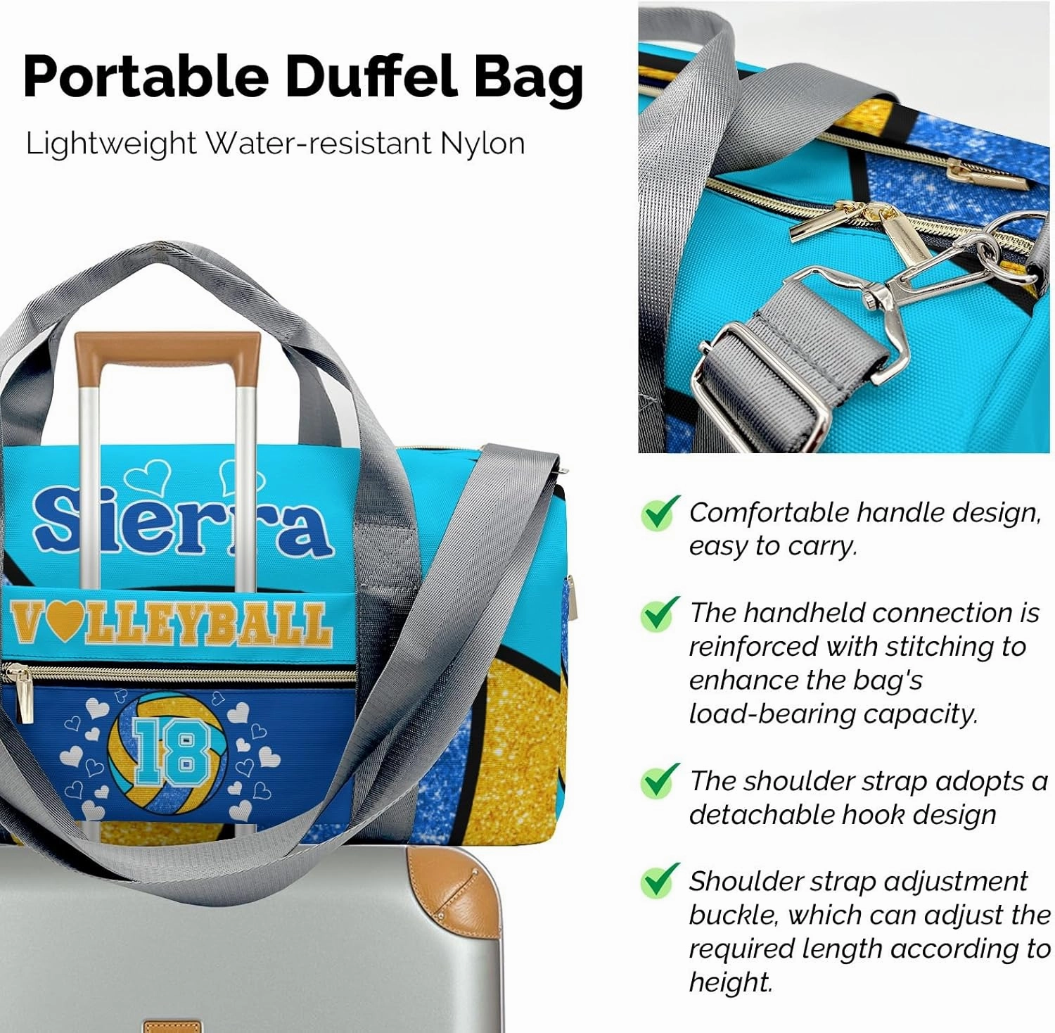 zaaprintblanket Duffel Bags Blue Green Gold Volleyball Waterproof Sport Gym Travel Perform Bag Custom Training Bag with Name
