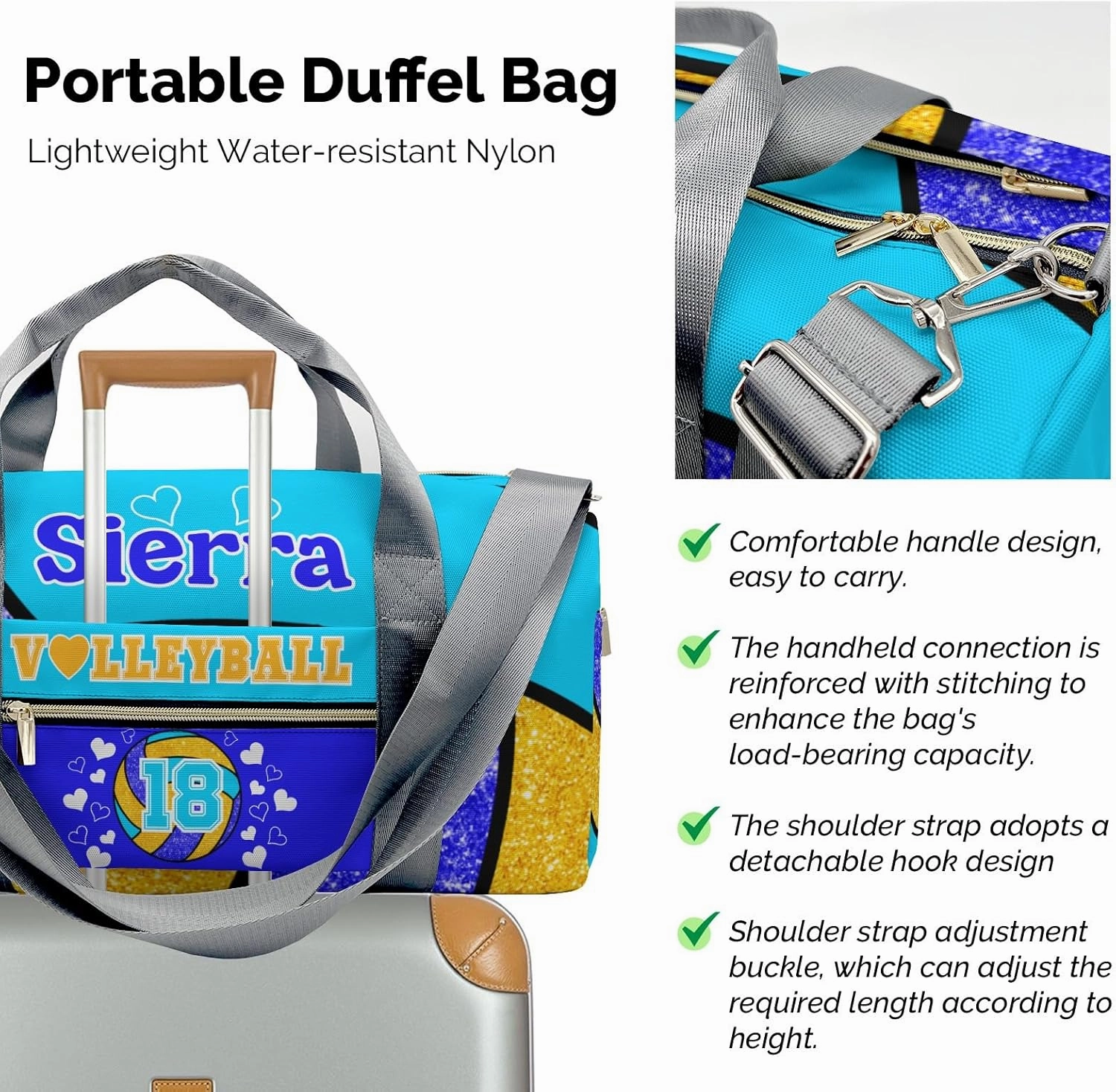 zaaprintblanket Duffel Bags Blue Green Gold Volleyball Waterproof Sport Gym Travel Perform Bag Custom Training Bag with Name