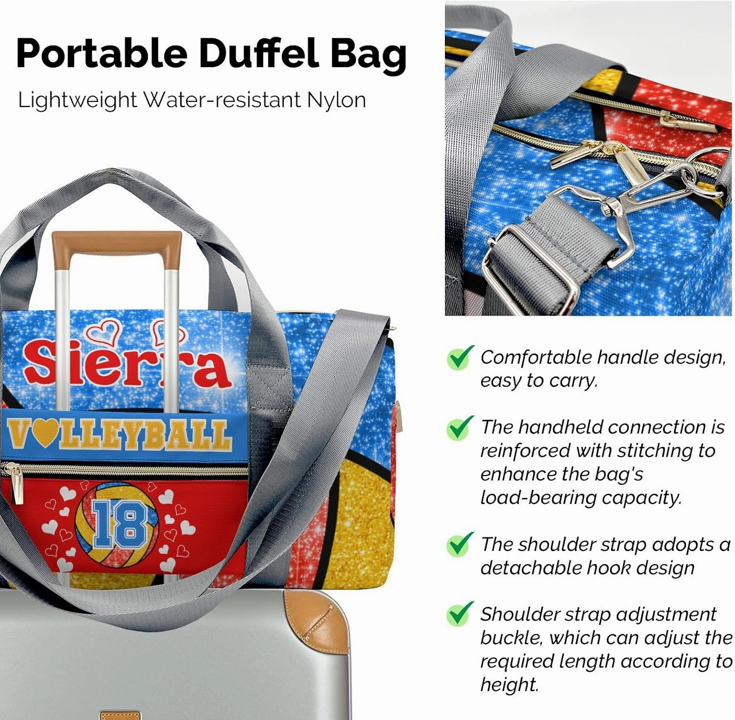 zaaprintblanket Duffel Bags Blue Green Gold Volleyball Waterproof Sport Gym Travel Perform Bag Custom Training Bag with Name