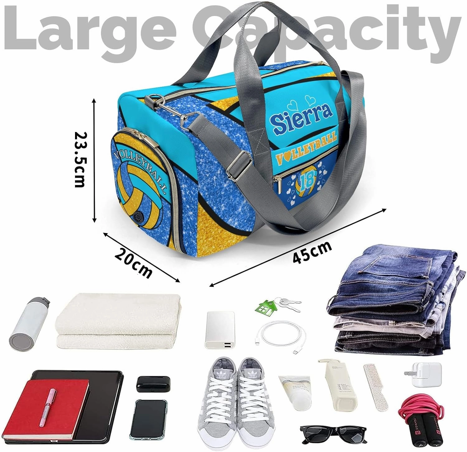 zaaprintblanket Duffel Bags Blue Green Gold Volleyball Waterproof Sport Gym Travel Perform Bag Custom Training Bag with Name