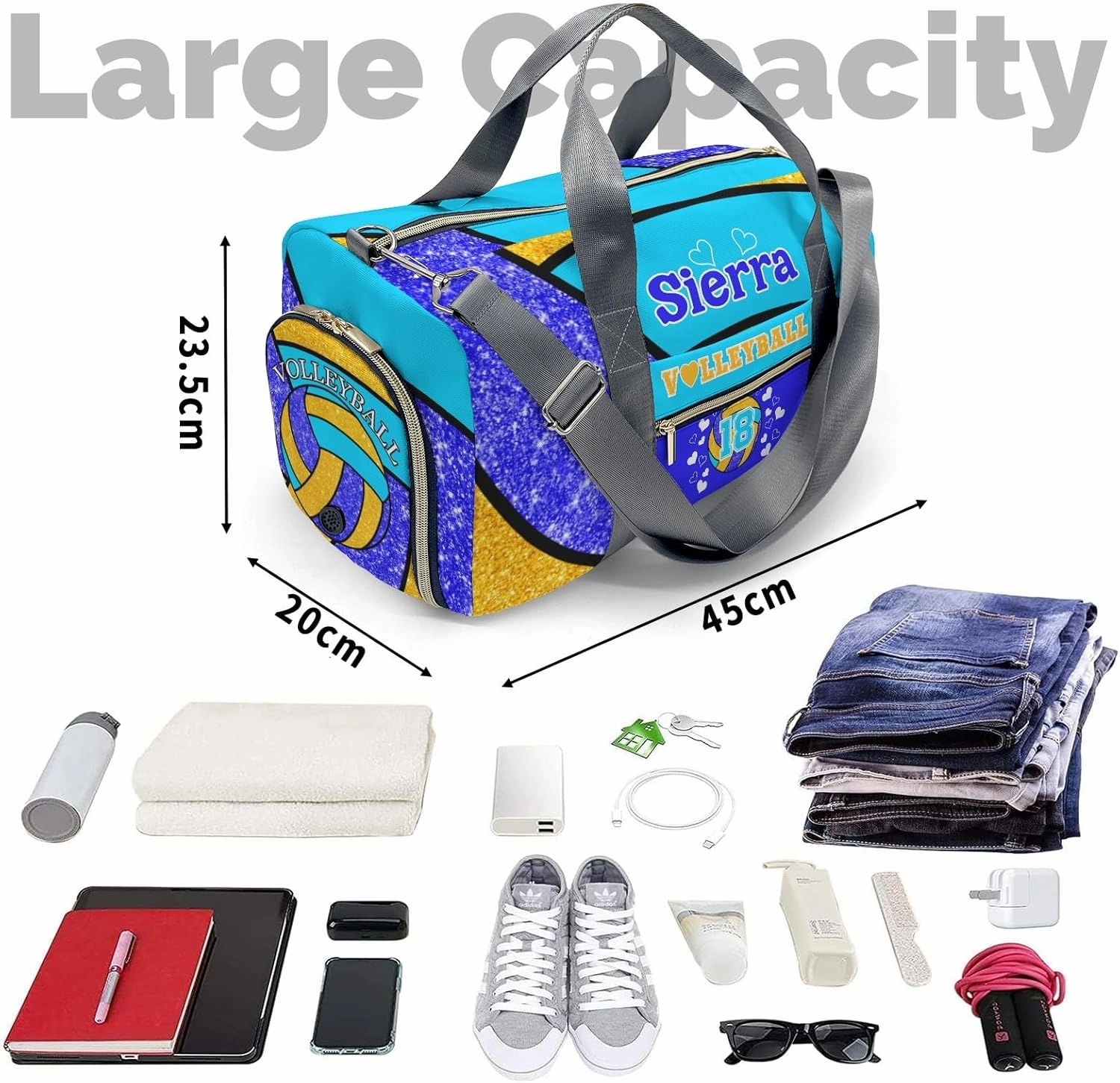 zaaprintblanket Duffel Bags Blue Green Gold Volleyball Waterproof Sport Gym Travel Perform Bag Custom Training Bag with Name