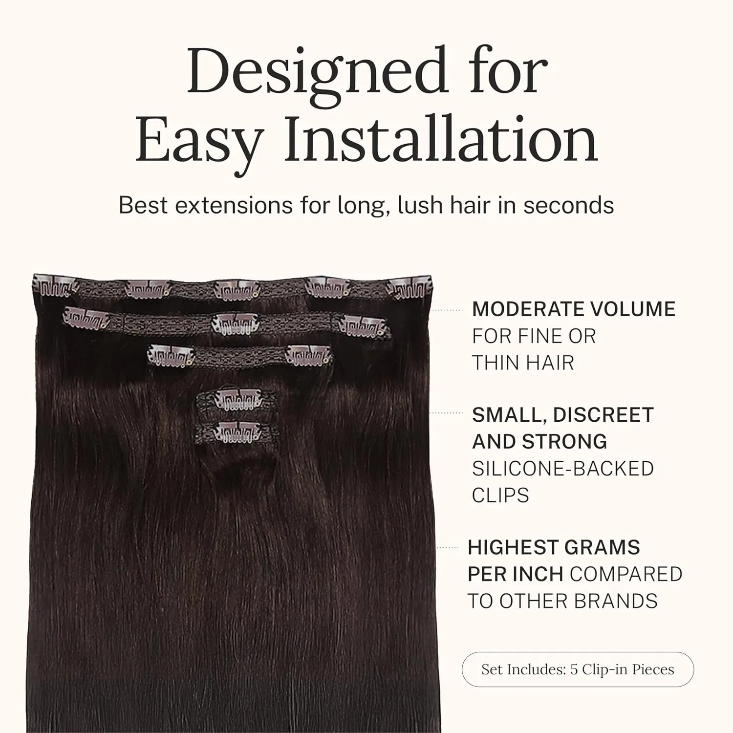 Zala Clip In Hair Extensions - 100% Remy Human Hair - Natural, Silky & Straight Discreet Clip in Extensions - Blend Easy into Natural Hair - 5 Piece Set, in Dark Chocolate (100g / 20 inch)