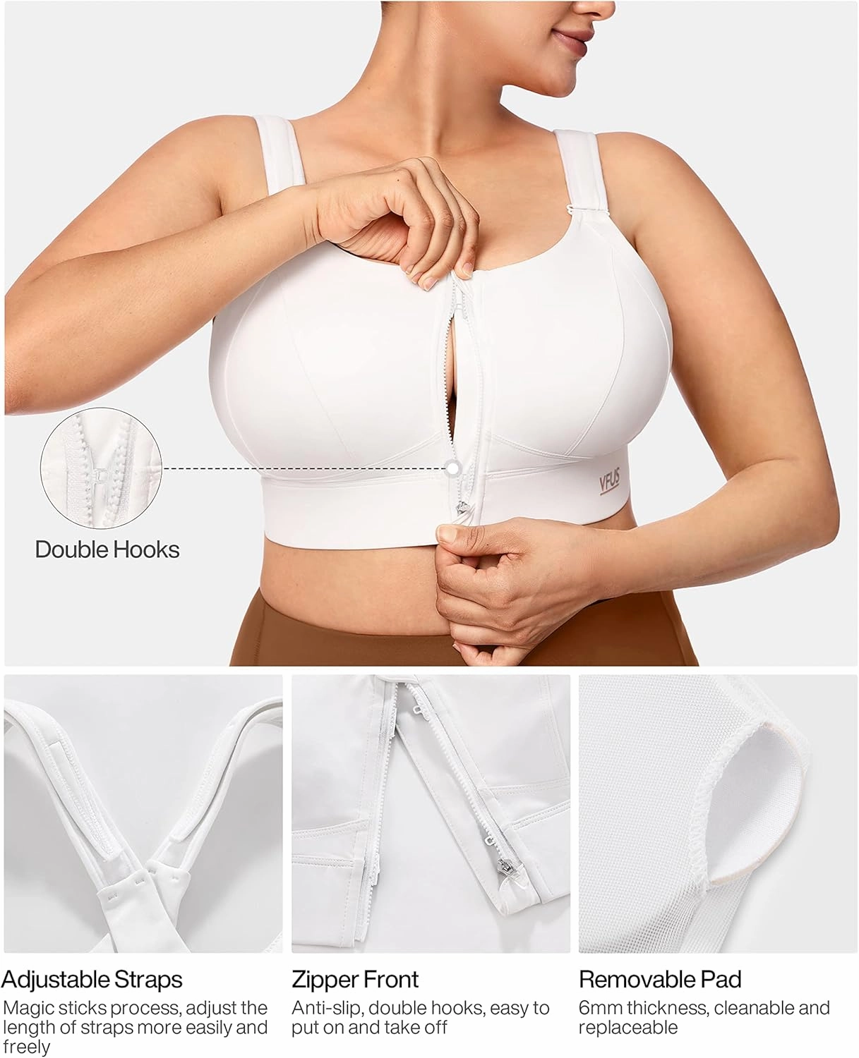 Zip Front Adjustable High Impact Sports Bras for Women Large Breasts Full Coverage Workout Running Removable Pads